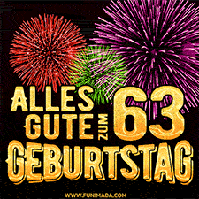 Ein dynamisches animiertes GIF mit buntem Feuerwerk und goldenen Zahlen, die den 63 Geburtstag hervorheben.