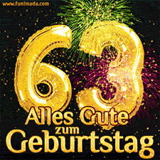 Große goldene Zahlen 63 auf schwarzem Hintergrund, die Worte 'Alles Gute zum Geburtstag' in goldener Schrift und ein spektakuläres Feuerwerk.