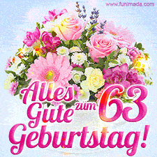 Ein zartes Geburtstags-GIF mit einem bunten Sommerblumenstrauß in einer weißen Teetasse und herzlichen Glückwünschen zum 63. Geburtstag.