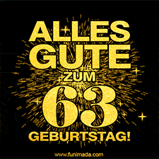 Ein GIF zum63. Geburtstag mit goldener Schrift und Feuerwerk auf schwarzem Hintergrund.
