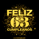 GIF animado con un diseño dorado, mostrando el número 63 rodeado de fuegos artificiales y luces que resaltan una atmósfera festiva y vibrante.