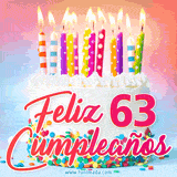 GIF animado con un pastel blanco decorado con confites y velas de colores encendidas, acompañado de la frase 'Feliz 63 cumpleaños' sobre un fondo alegre.
