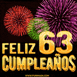 GIF animado con el número 63 en dorado, rodeado de fuegos artificiales rojos, verdes y morados, con el mensaje 'Feliz cumpleaños' en letras doradas.