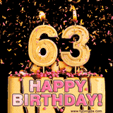 Large Number '63', decorated with pink sprinkles, and chocolate, and falling confetti.