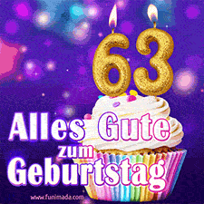 Ein glänzendes Geburtstags-GIF mit goldenen Kerzen mit der Zahl 63 auf einem weißen cremefarbenen Cupcake und dem Text 'Alles Gute zum Geburtstag'.