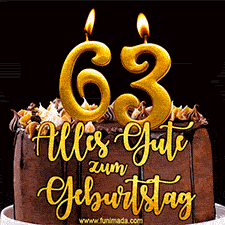 Animiertes GIF mit einer Schokoladen-Geburtstagstorte, großen goldenen Kerzen mit der Zahl 63 und einem dekorativen Text mit der Aufschrift 'Alles Gute zum Geburtstag'.