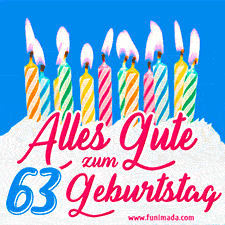 Ein buntes Geburtstags-GIF mit strahlenden Kerzen auf einer festlichen Torte zur Feier des 63.
