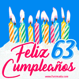 Animación de un pastel decorado con velas coloridas y encendidas, el número 63 destacado en azul y la frase 'Feliz cumpleaños' en letras estilizadas.