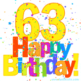 A vibrant birthday GIF shows '63' in bold, colorful letters with scattered multicolor star-shaped confetti.