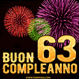 Animazione di fuochi d'artificio colorati con il numero 63 in oro brillante e la scritta 'Buon Compleanno' su uno sfondo nero festivo ed elegante.