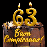 GIF animato con una torta al cioccolato decorata con crema, dettagli dorati e due candele accese che formano il numero 63. Messaggio 'Buon Compleanno' in scritta elegante.