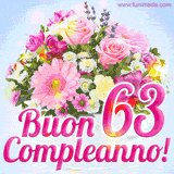 Bouquet animato con rose rosa, margherite e altri fiori colorati, con il numero 63 e la scritta 'Buon Compleanno!' in stile elegante e luminoso.