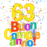 Animazione con il numero 63 in giallo e scritte multicolore 'Buon Compleanno!', accompagnate da una pioggia di stelle e coriandoli colorati.