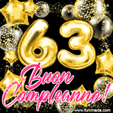 Animazione con palloncini dorati a forma del numero 63, circondati da decorazioni scintillanti e la scritta 'Buon Compleanno!' in caratteri rosa accattivanti.
