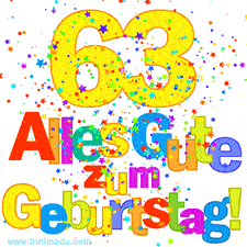 Geburtstags-GIF mit animierten bunten Sternen, der großen Zahl 63 und dem mehrfarbigen Text 'Alles Gute zum Geburtstag'.