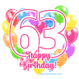 An animated birthday greeting card with a large '63' in pink outline surrounded by colorful balloons heart-shaped frame, and 'Happy Birthday!' written below in hand-written font.