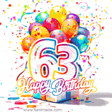 A festive birthday age GIF with animated star confetti, colorful balloons, and a gift box with the number 63. The text reads 'Happy Birthday'.