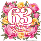 A celebratory GIF image features the animated number '63' and the words 'Happy Birthday!' surrounded by pink and yellow flowers. Two moving butterflies are included in this festive design.