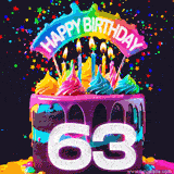 Chocolate cake with cyan layers, pink dressing and a big number 63 adorned with vibrant multicolored frosting, lit candles, and a rainbow topper with text that says 'Happy Birthday'. Animated colorful confetti move behind the cake.