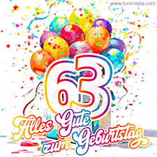 Ein lebendiges Geburtstags-GIF mit bunten Ballons, animiertem Konfetti, der Zahl 63 und den Worten 'Alles Gute zum Geburtstag' in dekorativer Schriftart.