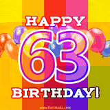 A birthday cake with lit candles is shown with colorful balloons and animated confetti.