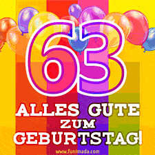 Große Zahl 35 in Umrissschrift, die Worte 'Alles Gute zum 63. Geburtstag', mehrfarbige animierte Ballons und lebendiger Hintergrund.