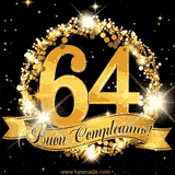 Il numero 64 è circondato da un anello dorato brillante, accompagnato da un nastro elegante con la scritta 'Buon Compleanno!' su uno sfondo scuro.
