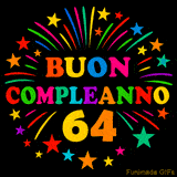 GIF animata 'Buon Compleanno 64' con lettere colorate e fuochi d'artificio