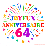 GIF animé joyeux anniversaire 64 ans avec étoiles multicolores et feu d’artifice