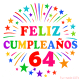 Imagen animada para felicitar los 64 años con letras de colores y diseño festivo.