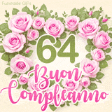 GIF per il 64° compleanno con un cuore di rose rosa e scritta elegante