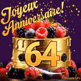 Une animation de célébration d'un gâteau de 64ème anniversaire, Des étoiles dorées tombent du ciel, mettant en valeur le texte 'Joyeux Anniversaire !' et le nombre doré 64 à l'avant du gâteau.