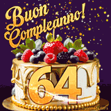 Un GIF animato di una bellissima torta per il 64° compleanno con glassa dorata e frutti di bosco freschi, Il numero dorato 64 è davanti, e stelle cadono su uno sfondo viola scuro.