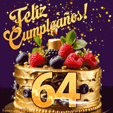 Una animación de celebración de una tarta para el 64º cumpleaños, Estrellas doradas caen del cielo, destacando el texto '¡Feliz Cumpleaños!' y el número dorado 64 en la tarta.