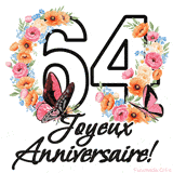 Ce GIF de Joyeux 64ème Anniversaire présente le nombre vingt rempli d'un bouquet vibrant de fleurs animées, avec des papillons qui bougent doucement sur un fond blanc.