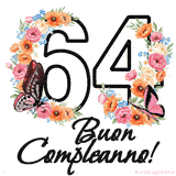 Questo GIF di Buon 64° Compleanno mostra il numero venti riempito con un vibrante bouquet di fiori animati, con farfalle che si muovono dolcemente su uno sfondo bianco.