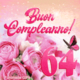 Buon compleanno 64 anni in questa GIF festosa con rose rosa, numero rosa e esplosioni di luce stellata animate nello sfondo.