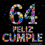 Gráfico del número 64 y las palabras FELIZ CUMPLE, elaborados con brillantes piedras preciosas y colocados frente a un fondo negro estrellado.