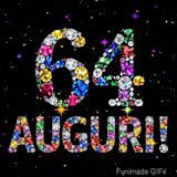 Immagine animata che mostra il numero 64 e Auguri in cristalli multicolori brillanti, circondati da piccole luci su uno sfondo scuro.