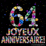 Image animée affichant le chiffre 64 et Joyeux Anniversaire en cristaux multicolores scintillants, entourés de petites lumières sur fond sombre.
