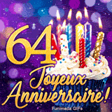Animation pour les 64 ans avec un gâteau féerique aux bougies étincelantes et le chiffre 64 d'or sur fond violet.