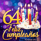 Animación para los 64 años con una tarta mágica de velas encendidas y el número 64 de oro sobre escenario violeta.