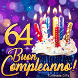 Animazione per i 64 anni con una tortina magica di candele accese e il numero 64 d'oro su scenario violetto.