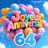 Le grand chiffre bleu 64 est attaché sous un bouquet de ballons de fête flottants. Les lettres ballons forment Joyeux Anniversaire devant un beau ciel.