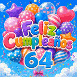 Animación para los 64 años con globos de colores estampados meciéndose suavemente y el número 64 azul.