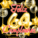 A large of balloons in various shapes, sizes, and colors with the words 'Happy Birthday' and a number 64