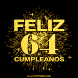 GIF animado con un diseño dorado, mostrando el número 64 rodeado de fuegos artificiales y luces que resaltan una atmósfera festiva y vibrante.