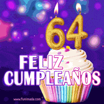 GIF animado de un cupcake decorado con confites, dos velas doradas encendidas formando el número 64, sobre un fondo púrpura brillante con destellos.