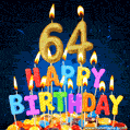 Best Happy 64th Birthday Cake with Colorful Candles GIF