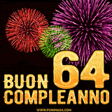 Animazione di fuochi d'artificio colorati con il numero 64 in oro brillante e la scritta 'Buon Compleanno' su uno sfondo nero festivo ed elegante.
